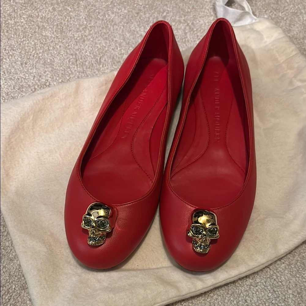 Alexander McQueen Red and Gold Flats with Skull Embellishment